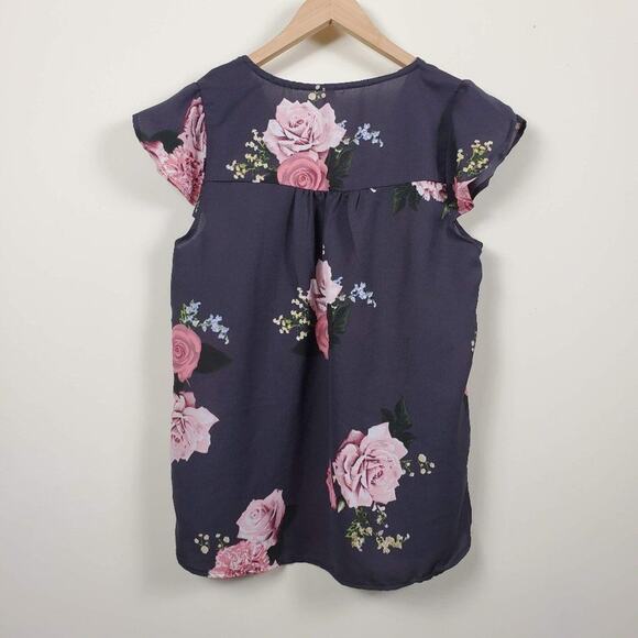 Live 4 Truth Floral Blouse Womens Size S Dark Gray Pink V Neck Cap Sleeve - Picture 6 of 11